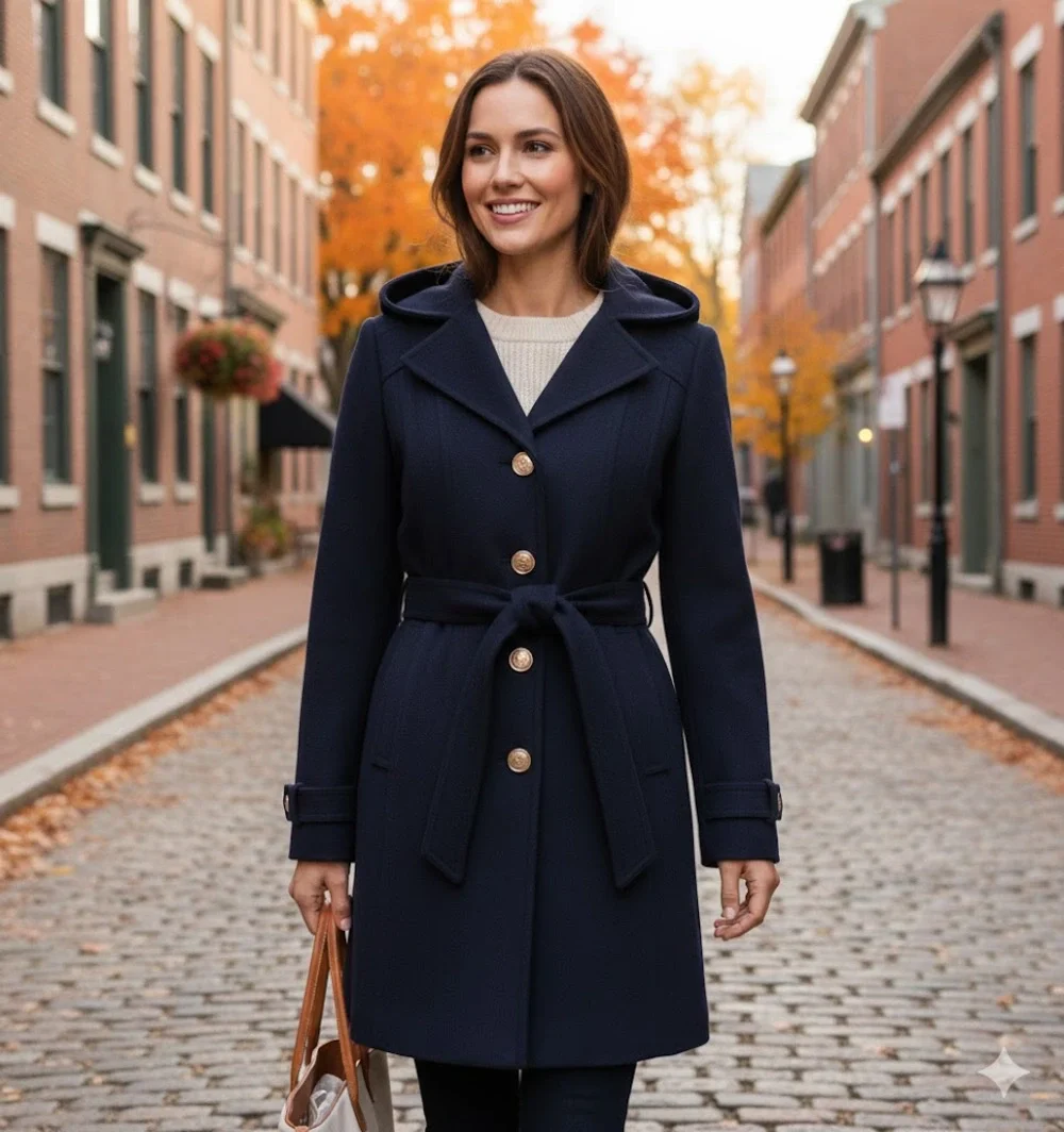 Michael Kors Wool Blend Button Front Hooded Trench Coat Long Sleeve Size Medium